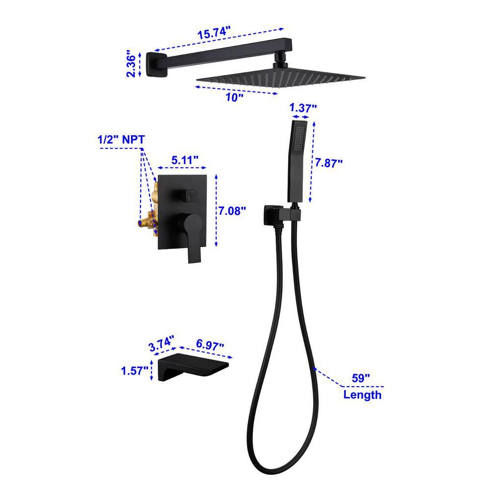 Satico Single Handle 1-Spray Tub and Shower Faucet Handheld Shower Combo with 10 in. Rain Shower Head in Black(Valve Included) SS88000DA