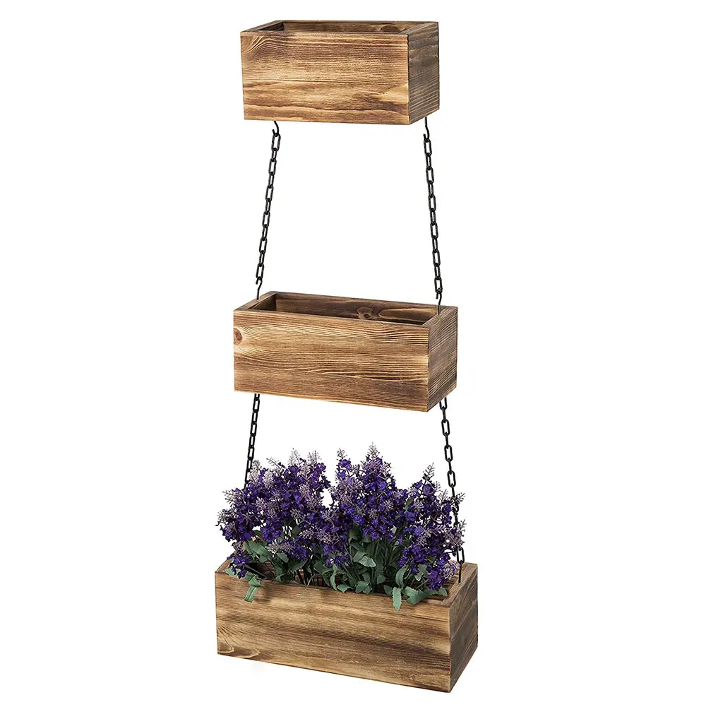 Direct Supply Wall Hanging Rustic Style 3 Tier Decoration Wooden Flower Box With Black Metal Chain.