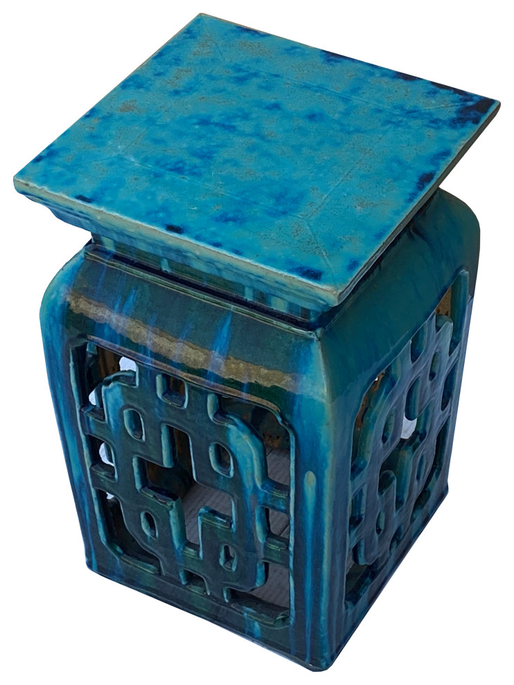 Chinese Ceramic Square Turquoise Green Knot Garden Stand Table Hcs7286   Asian   Accent And Garden Stools   by Golden Lotus Antiques  Houzz