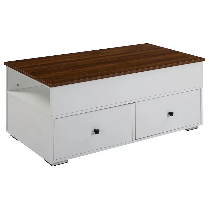 46 Inch Wood Coffee Table， Lift Top， 2 Drawers， Storage， Walnut， White