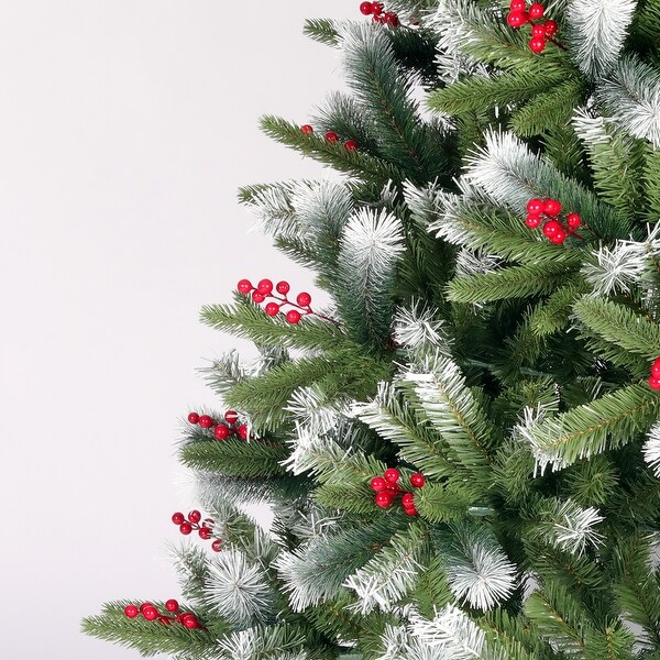 Green UltraRealistic Flocked Pine 7.5ft Christmas Tree with Cones and Red Berries，Festive Home Decor