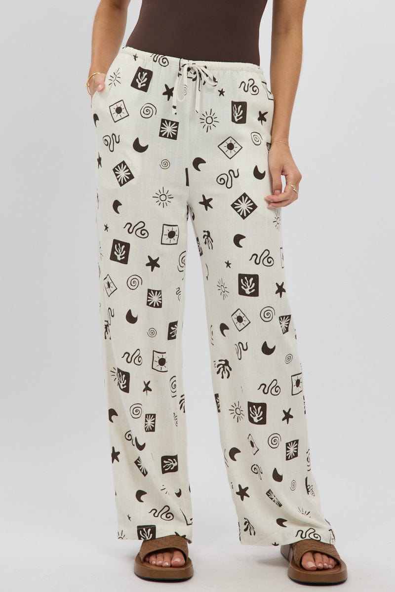 Beige Abstract Wide Leg Pants High Rise
