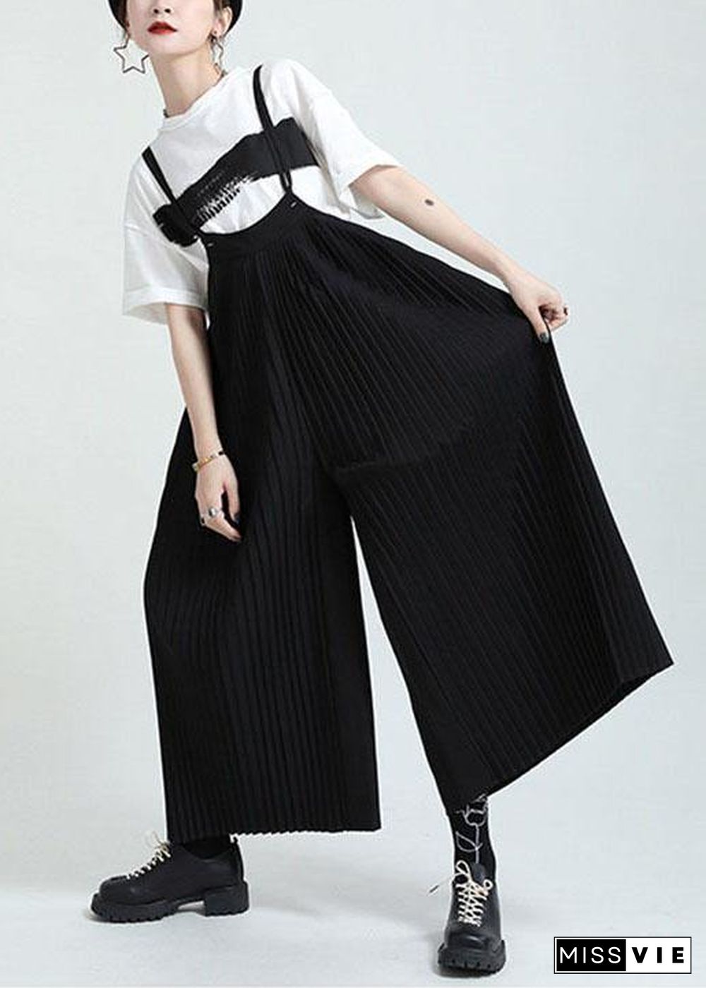 Casual Black High Waist Wrinkled Wide Leg Summer Jumpsuit