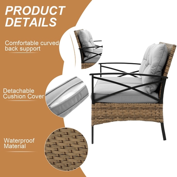 4 Piece Outdoor Conversation Chair Set With Cushion，Patio Rattan Wicker Set with 2 Single chairs and Loveseat，Coffee Table