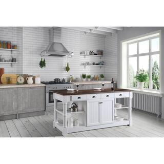 Design Element Monterey White 80 in. Kitchen Island with Wood Countertop KD-03-80-W-WD