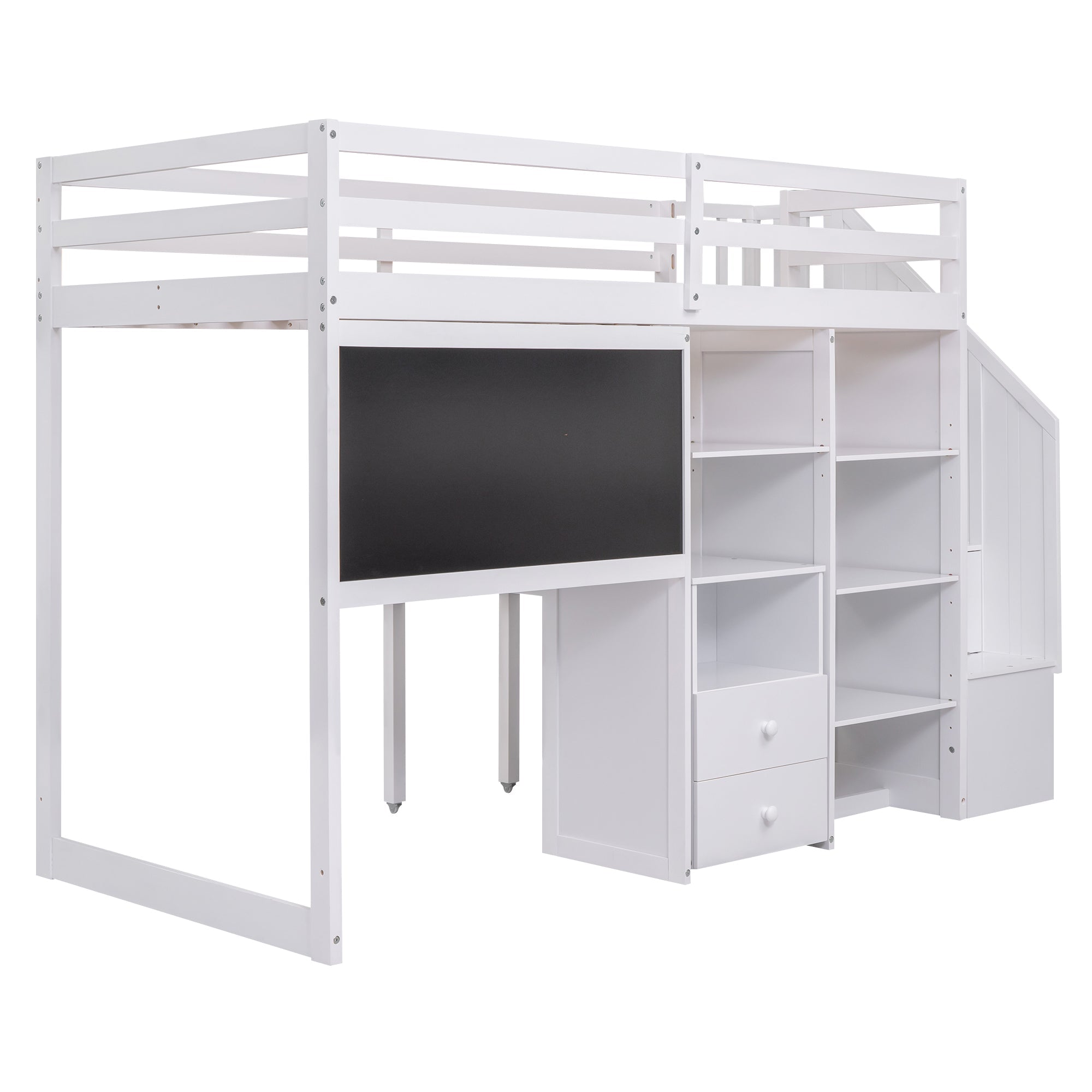 Pine Wood Loft Bed with Storage Staircase, Desk, Drawers and Blackboard for Kids, Twin, White