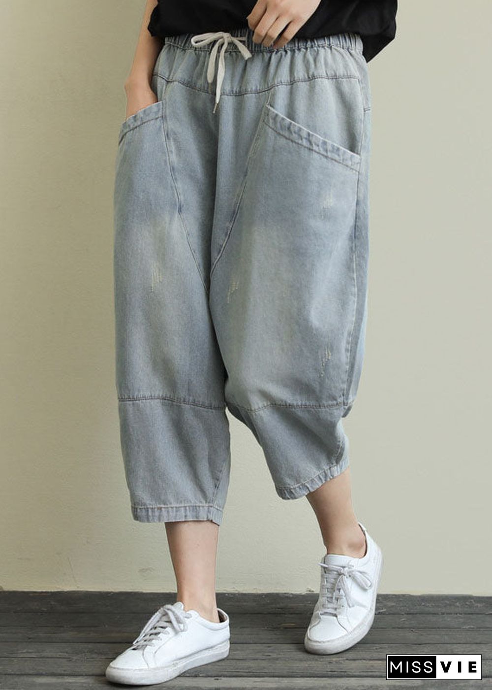 French Light Blue pockets elastic waist Cotton denim Pants Spring