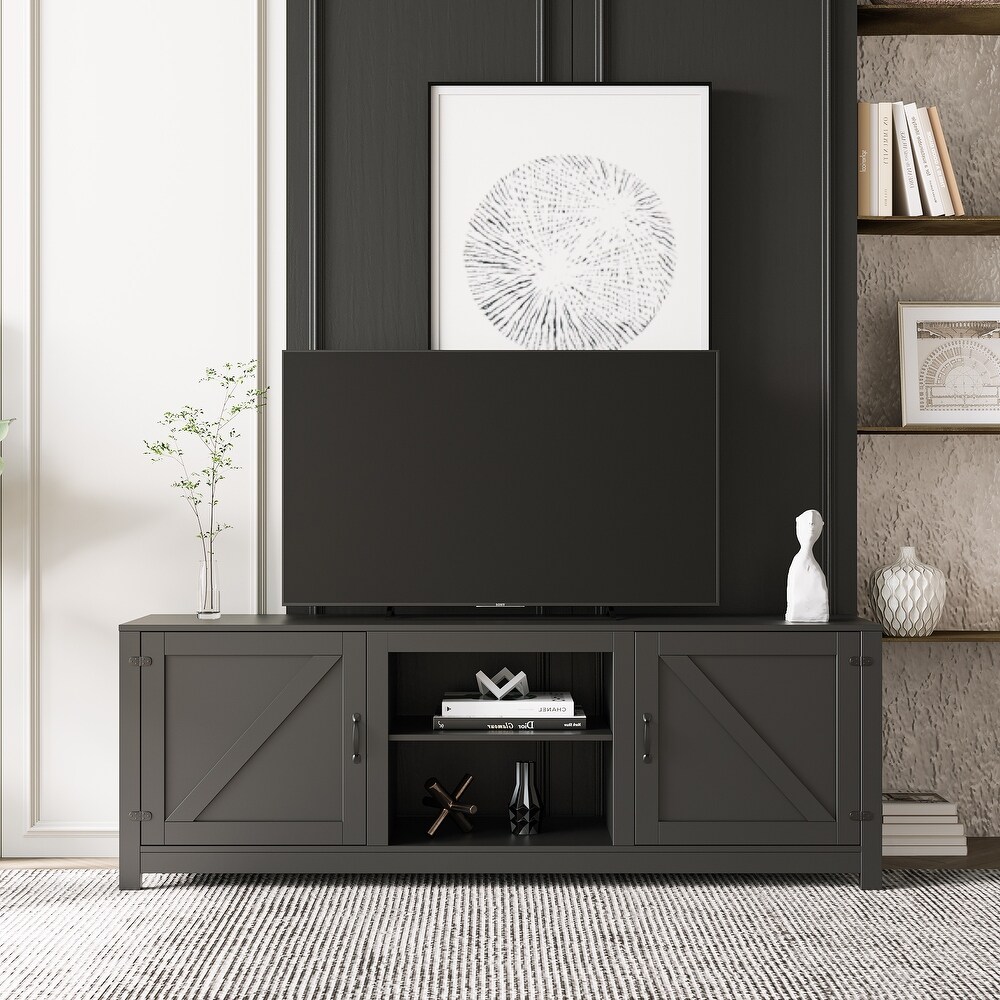 Modern Farmhouse Wood Entertainment Center with Sliding Barn Door Rustic Media Console Cabinet Storage for Living Room  Black