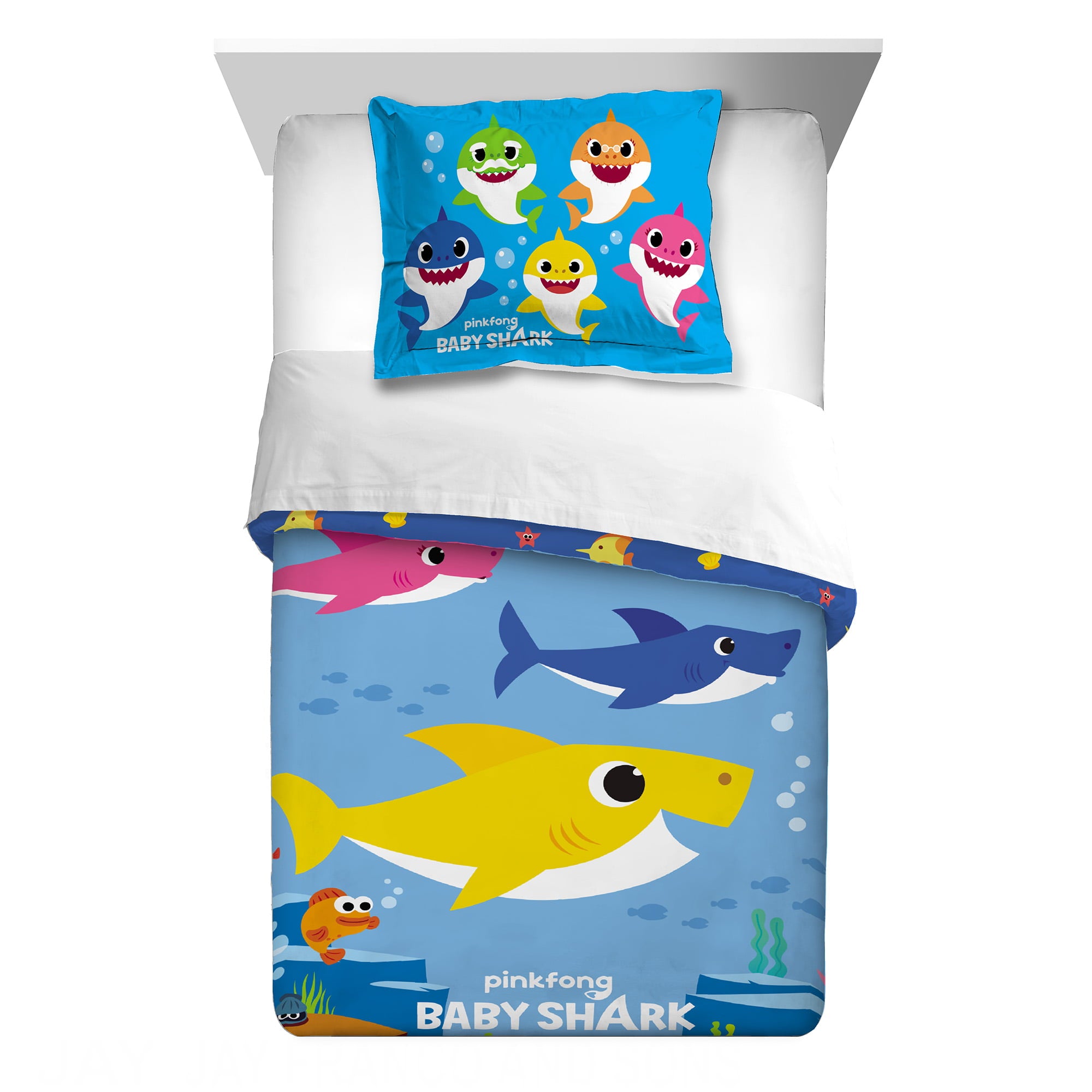 Baby Shark Kids Comforter and Sham， 2-Piece Set， Twin/Full， Reversible， Blue， Nickelodeon