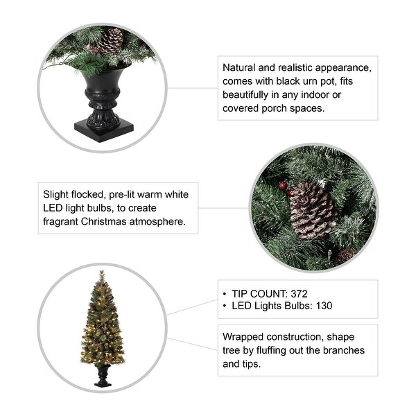 Glitzhome 4ft/5ft/6ft Flocked Pine Christmas Potted Porch Tree With Warm White Lights