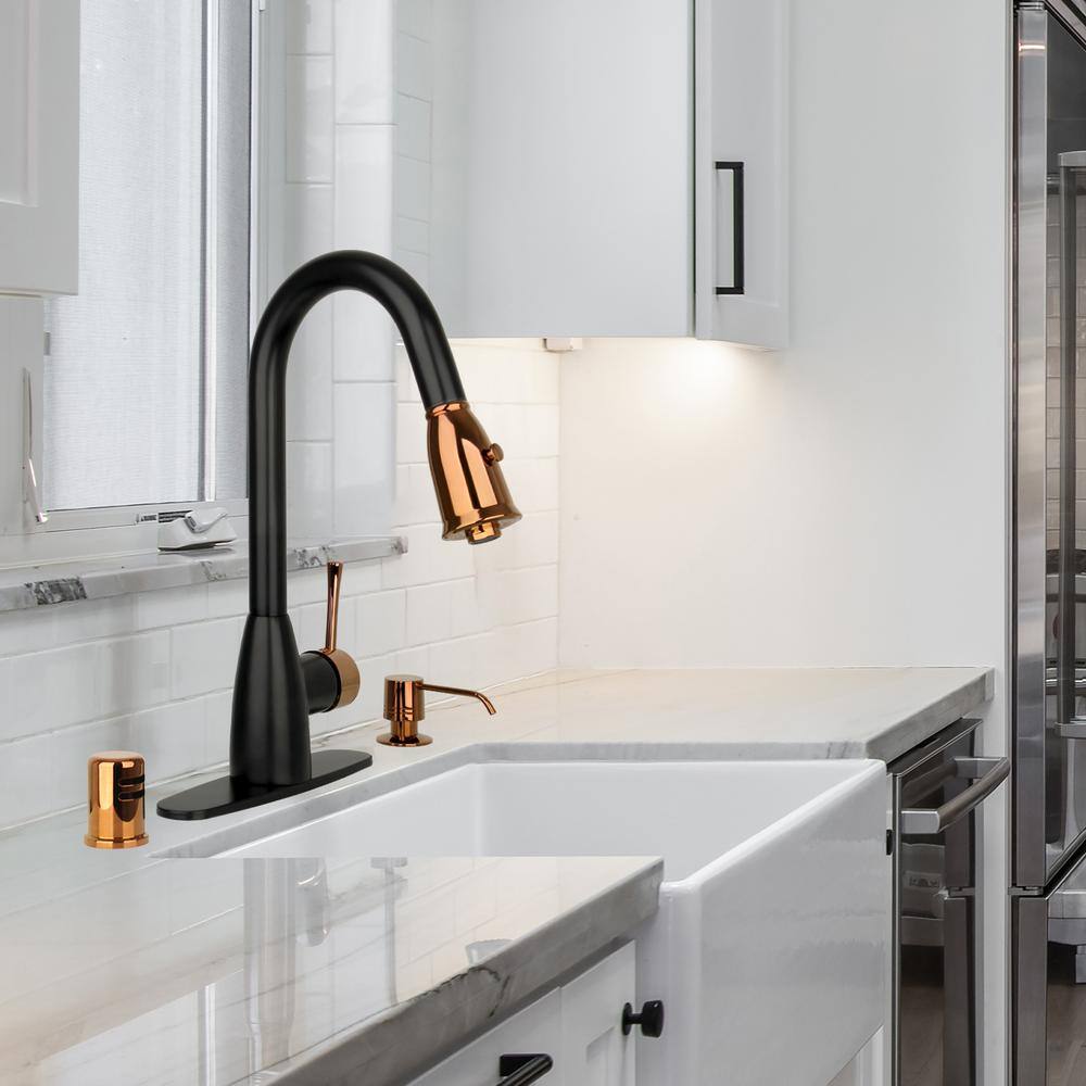 Akicon Two Tone Single Handle Deck Mount Pull Down Sprayer Kitchen Faucet with Deckplate and Soap Dispenser and Air Gap AK96455BLRG-SDA