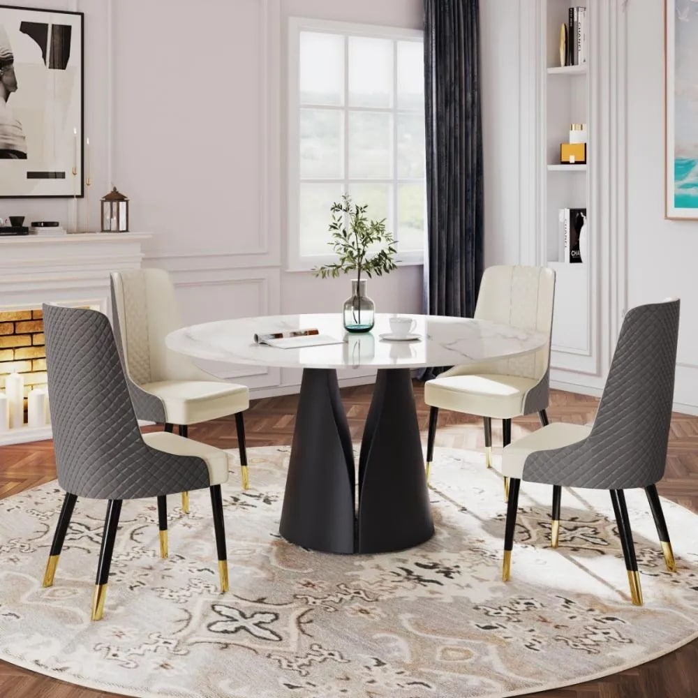 Modern Round White Dining Table for 4 6  faux marble table top