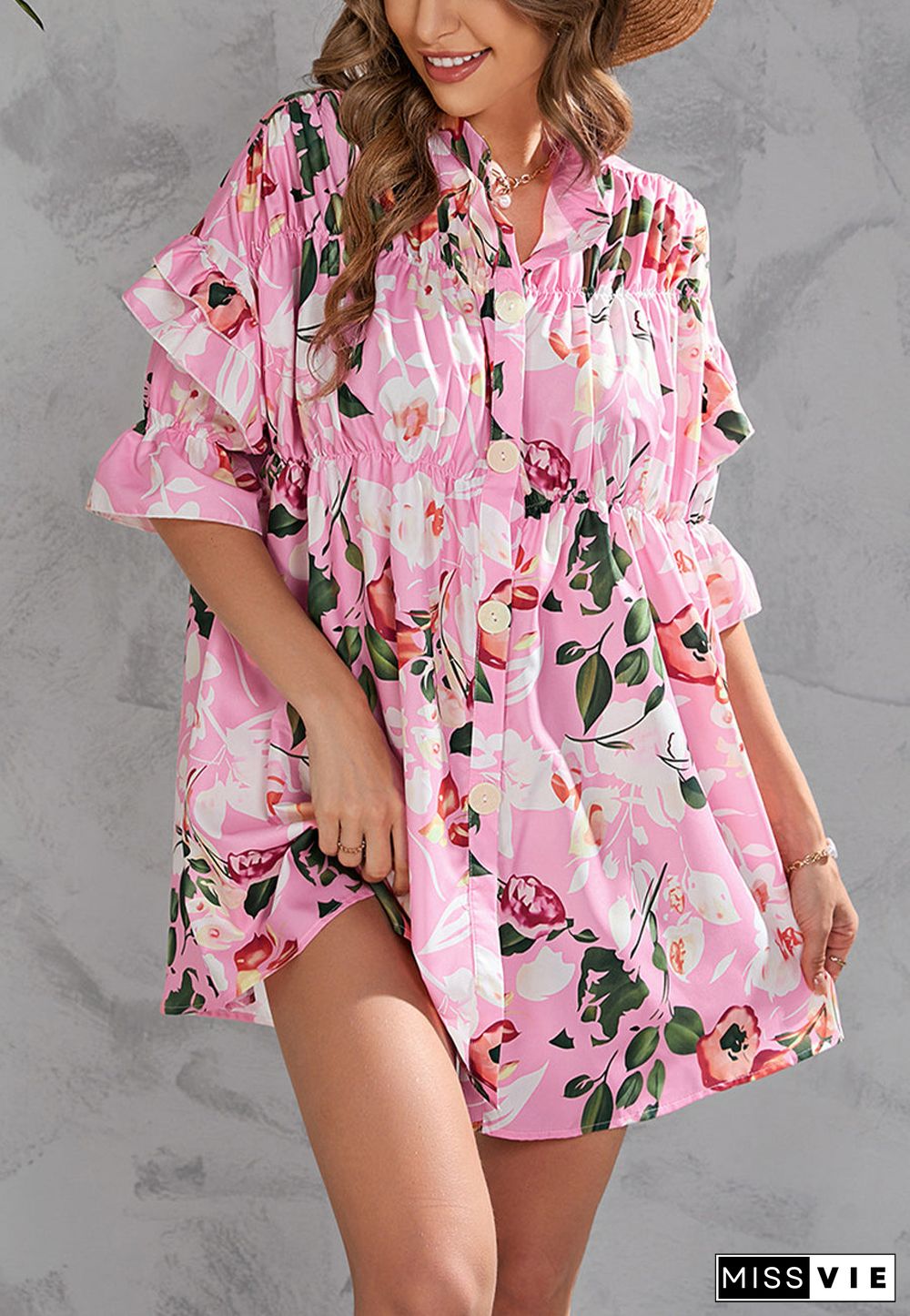 Printed Front Down Button Dress