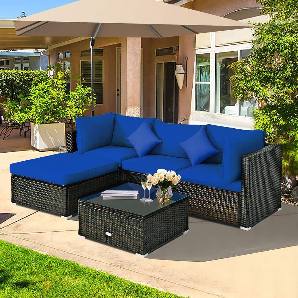 Costway 5-Piece Wicker Patio Conversation Set with Navy Cushions HW66868NY+