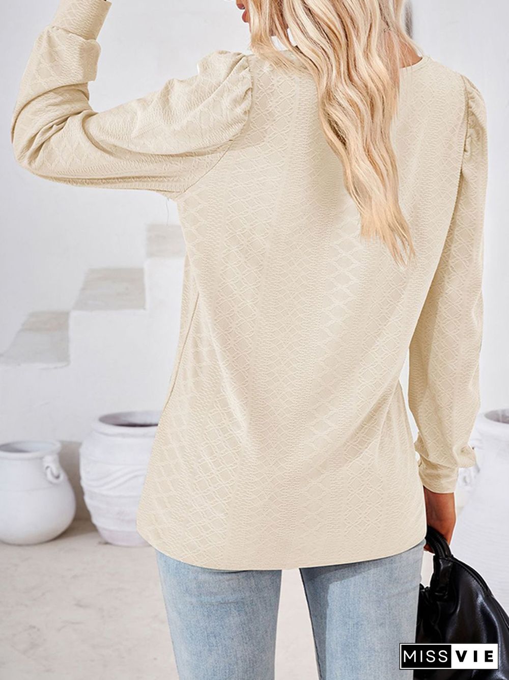 Loose Jacquard Solid Color Square-neck T-Shirts Tops