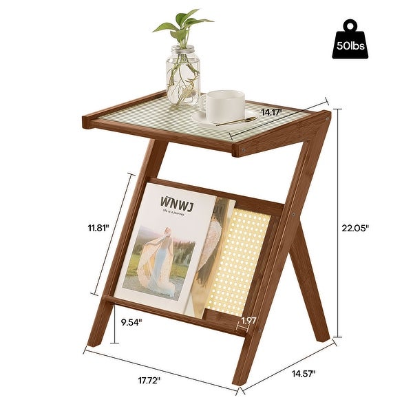 Bamboo Glass-top End Table with Rattan-like Magazine Rack