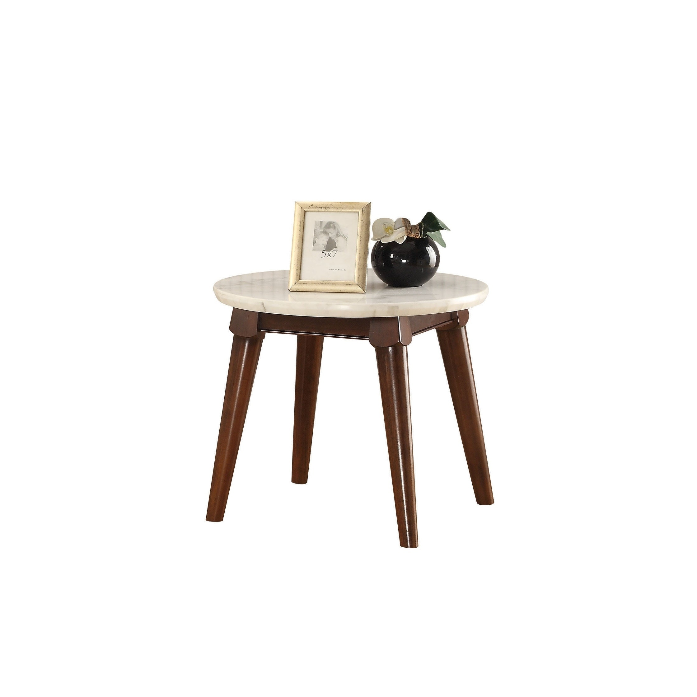 Wooden Base End Table with Marble Top， Walnut Brown