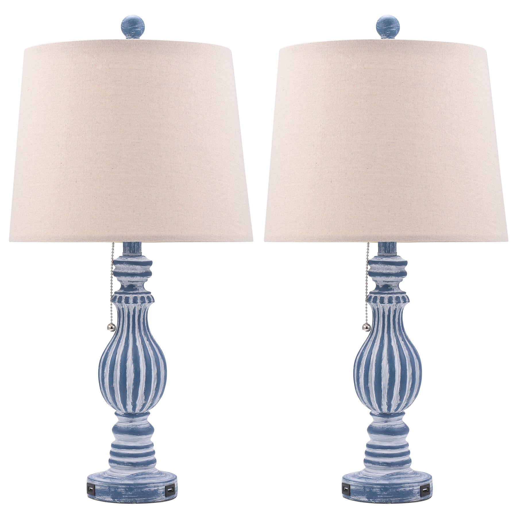 Bestco Modern Table Lamp Set of 2 Pull Chain Lamps with USB Ports Drum Lampshade Blue