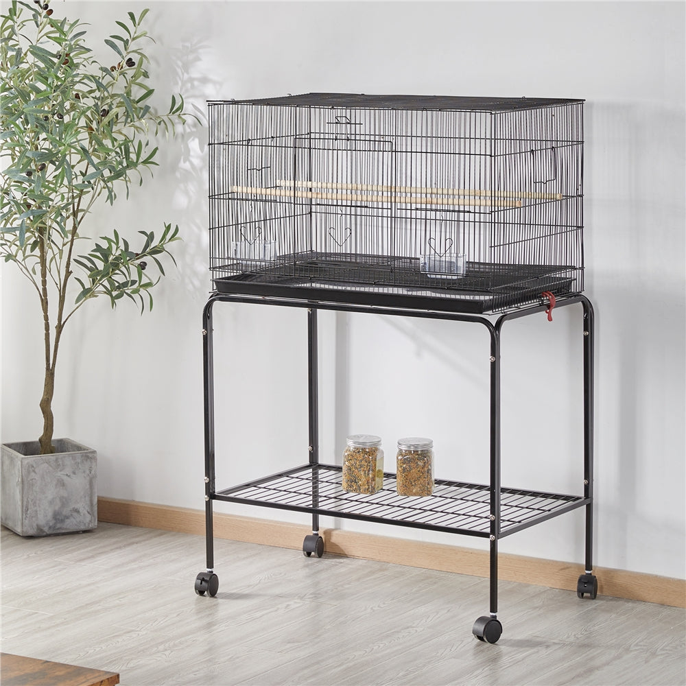 Yaheetech 47''H Flight Cage with Rolling Stand Extra Space Slide-out Tray Wood Perches， Black