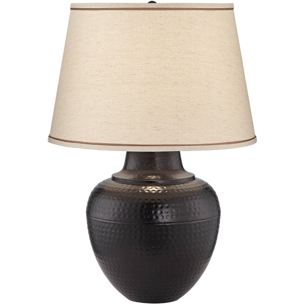 Tall Hammered Bronze Pot Beige Linen Drum Shade For Bedroom Living Room Bedside Nightstand