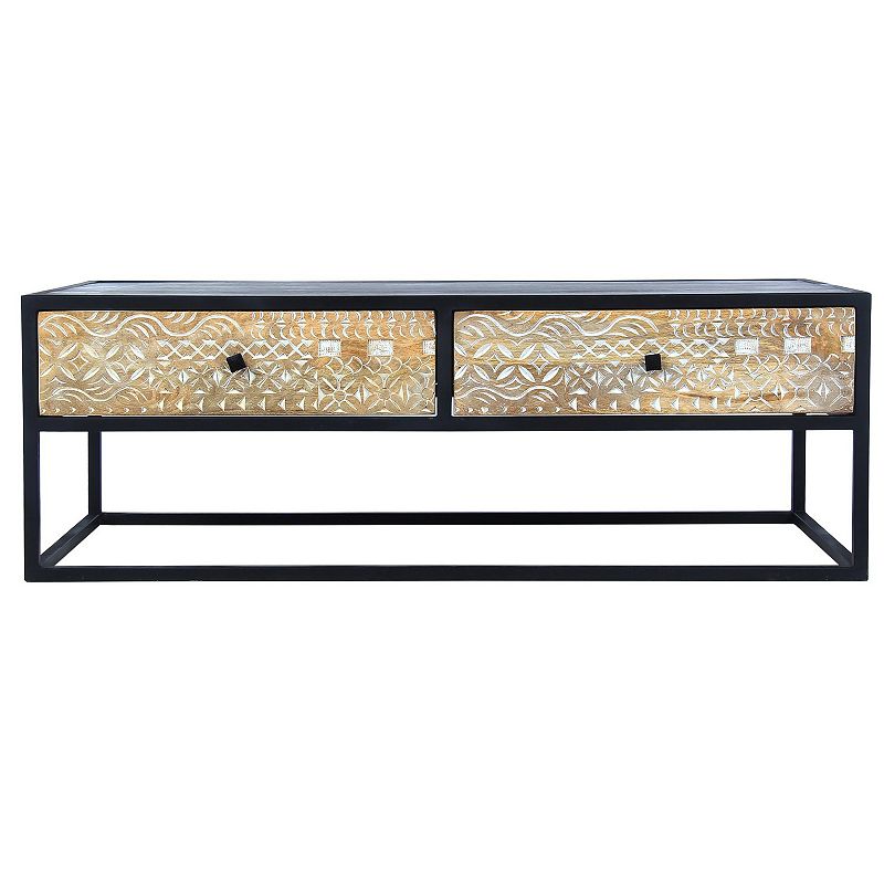 45 Inch Carson Rectangular Mango Wood Coffee Table with Metal Frame and 2 Drawers， Brown and Black