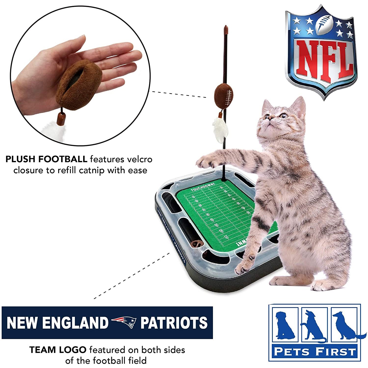 NFL New England Patriots Cat Scratcher Toy with Catnip Plush and Feather Cat and Kitty Toy