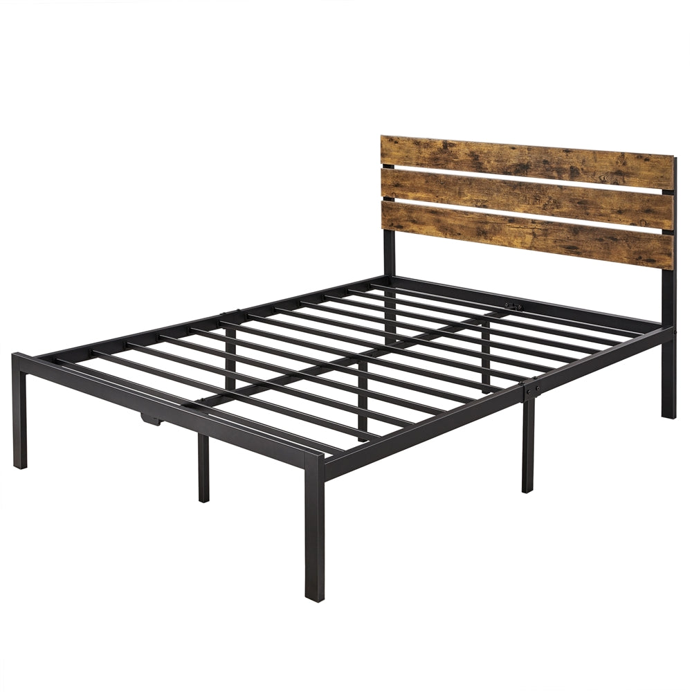 SMILE MART Wood Slat Headboard Black Metal Platform Full Bed, Brown Wood