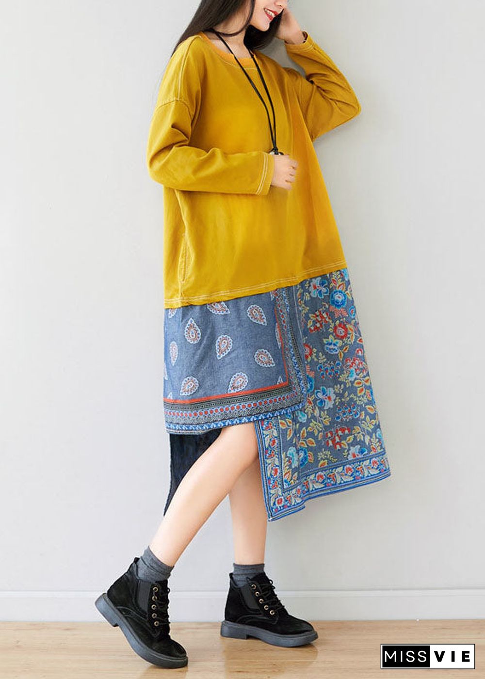 Loose Yellow O-Neck Asymmetrical Sweatshirt dresses Spring