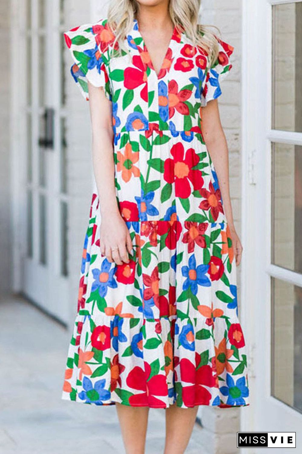 Multicolor Flutter Sleeve V Neck High Waist Floral Midi Dress