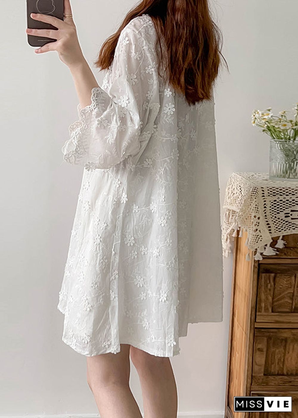 Stylish White Oversized Stereoscopic Floral Cotton Vacation Dress Summer