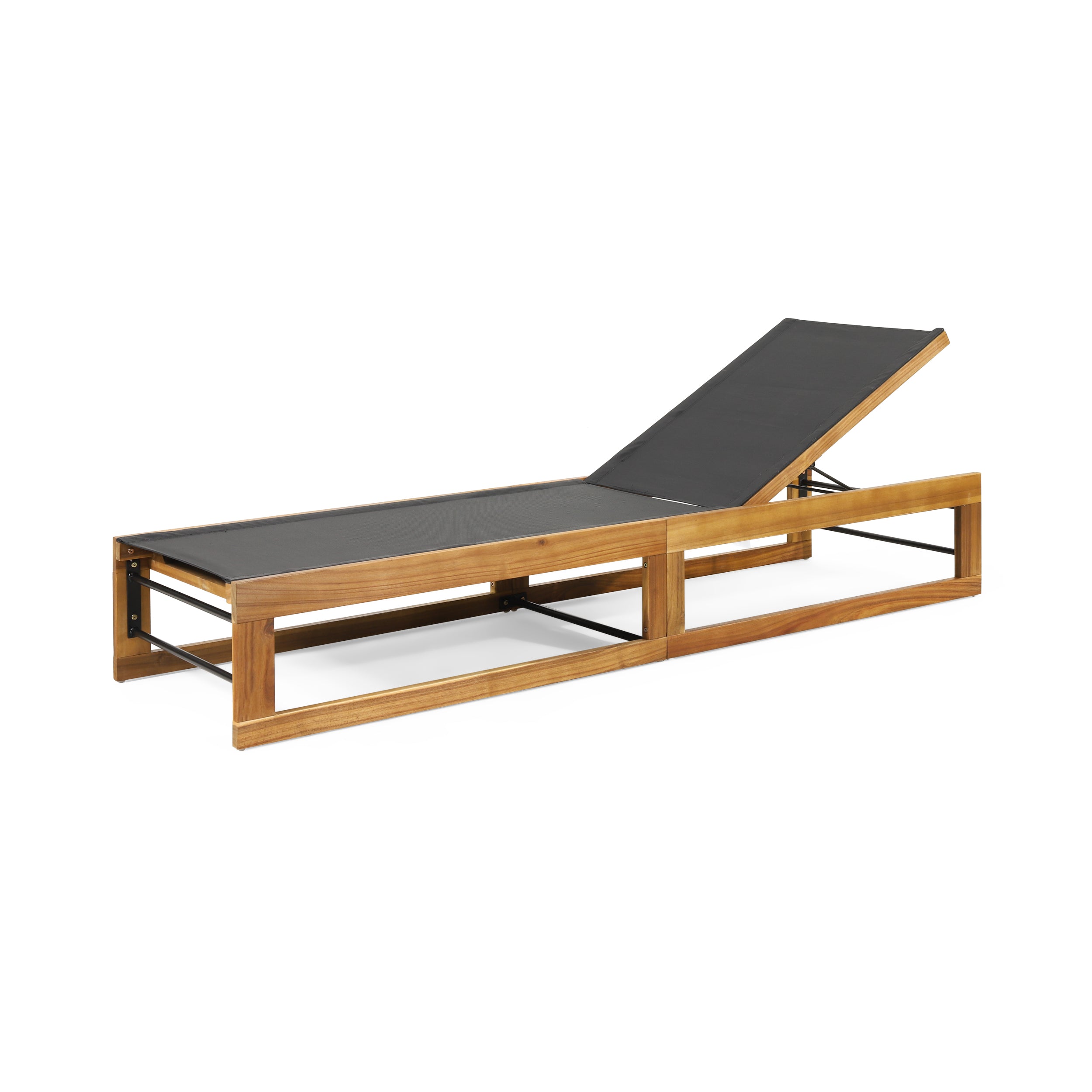 Leavitt Outdoor Mesh and Wood Adjustable Chaise Lounge, Black and Teak