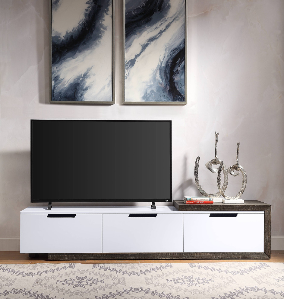 TV Stand  White High Gloss and Rustic Oak   Transitional   Entertainment Centers And Tv Stands   by Acme Furniture  Houzz