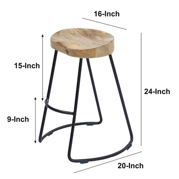 Ela 24 Inch Counter Height Stool， Mango Wood Saddle Seat， Iron Frame， Brown and Black