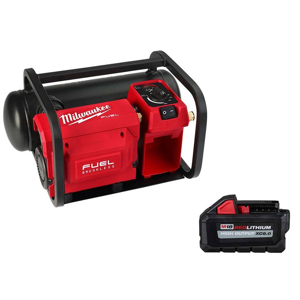 MW M18 FUEL 18-Volt Brushless Cordless 2 Gal. Electric Quiet Compact Air Compressor wM18 High Output Battery Pack 6.0Ah 2840-20-48-11-1865