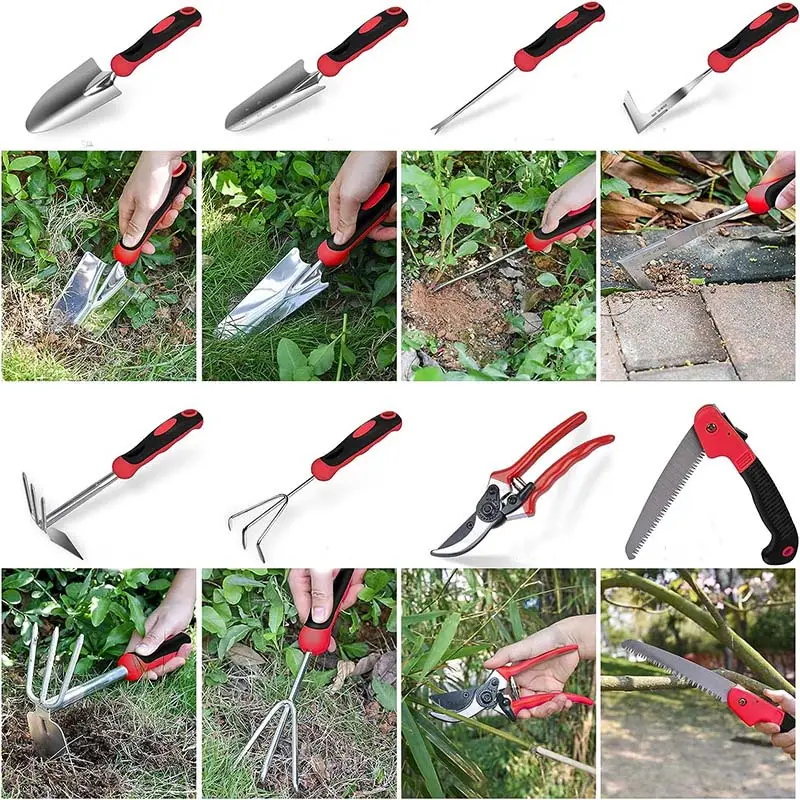 Custom 10 Pcs Stainless Steel Heavy Duty Gardening Tools Set with Folding Saw Garden Hand Tools Starter Kit Gift Sets for Women