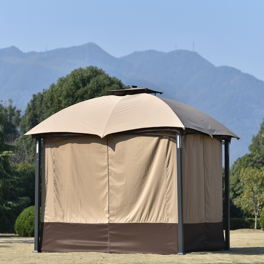 10ft * 12ft Double Vent Gazebo with Metal Frame Rectangular Canopy with Screen and LED Lights for Backyard and Poolside