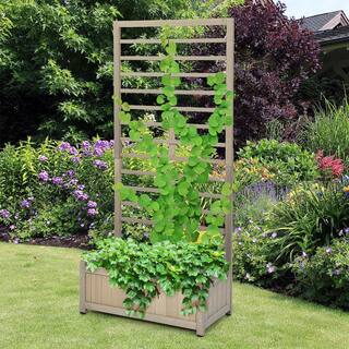 Costway 68 in. Grey Wood Planter Box with Trellis Raised Garden Bed for Climbing Plants GT3638