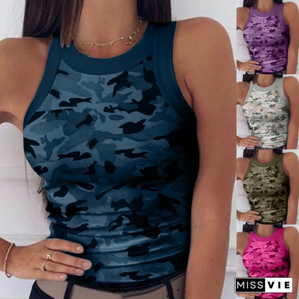 New Summer Fashion Women Sleeveless Tops Slim Fit Camouflage Print Vest Round Collar Tank Top Casual Tops T-shirt