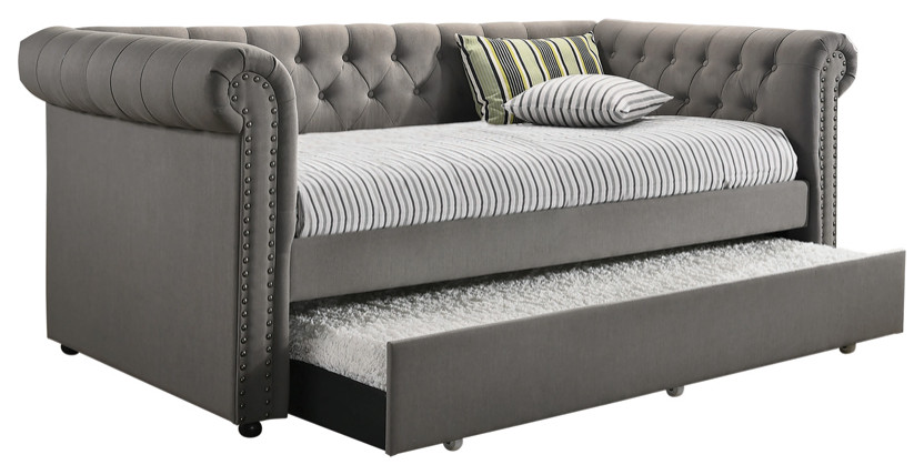 Kepner Tufted Upholstered Daybed Grey With Trundle   Modern   Indoor Chaise Lounge Chairs   by Modon  Houzz