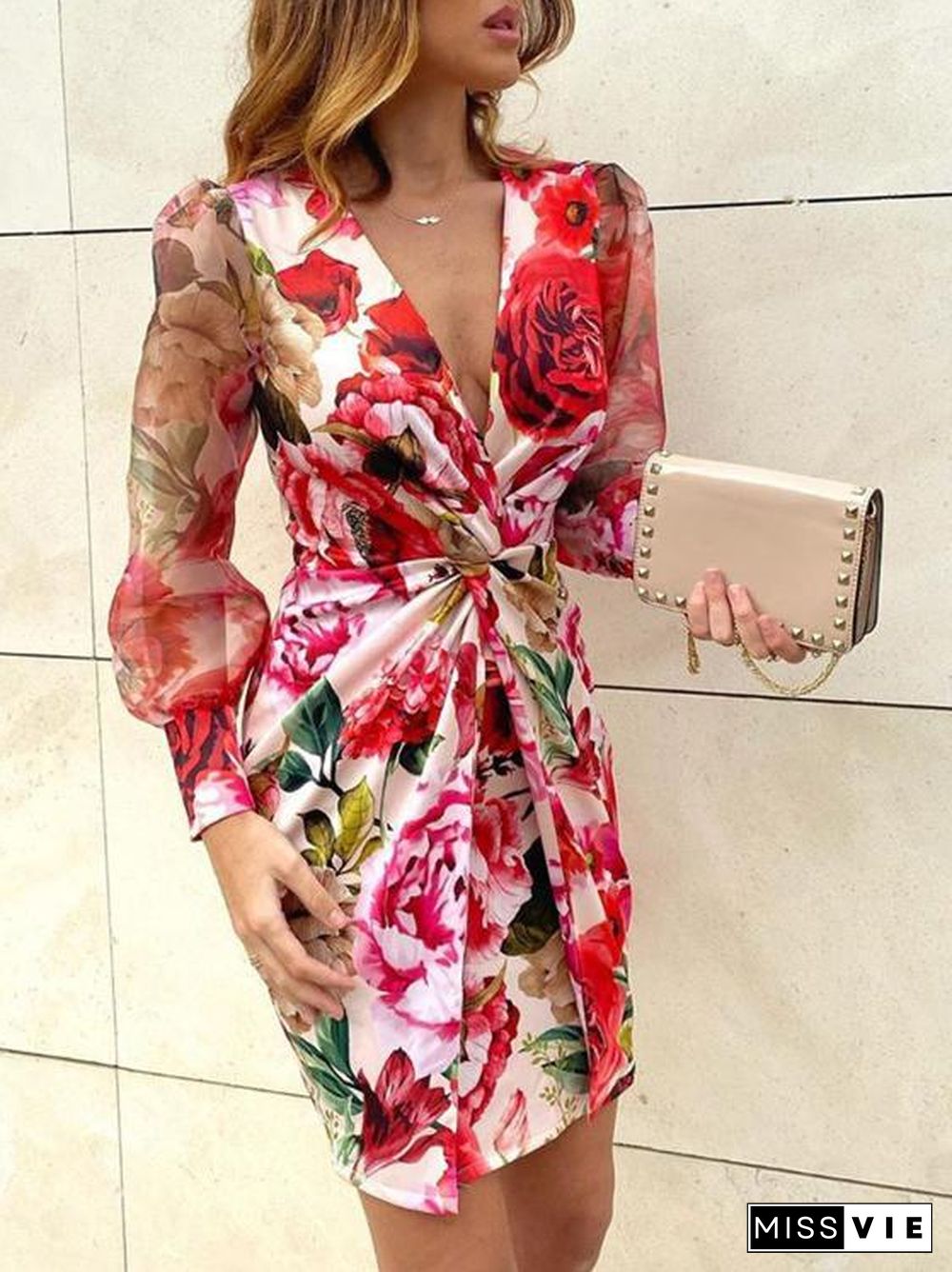 Deep V-Neck Printed Long Sleeve Mini Dress