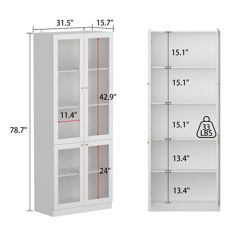 Tall Curio Display Glass Cabinet Bookcase with 4 Glass Doors   Shelves   78.7\