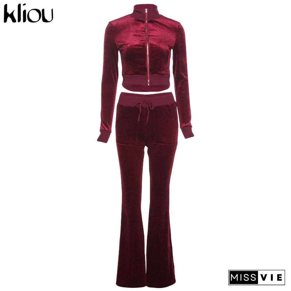 Kliou Solid Velour Two Piece Set Women Simple Casual Zipper Long Sleeve Turtleneck Top+Bandage Lace Slim Female Wide Leg Pants