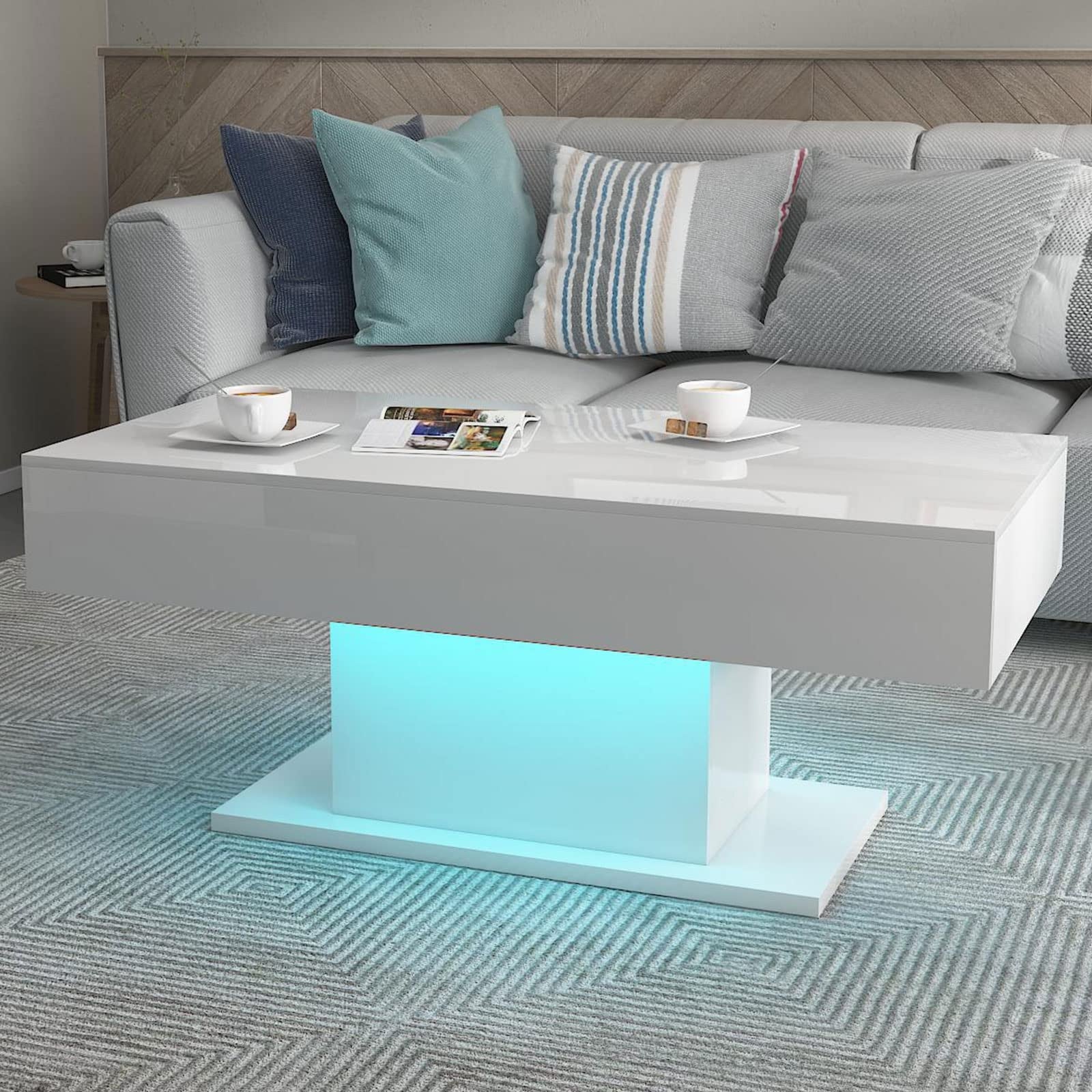 White LED Coffee Table for Living Room High Glossy， Modern Center Table， Smart Cocktail Table Rectangle， - as picture