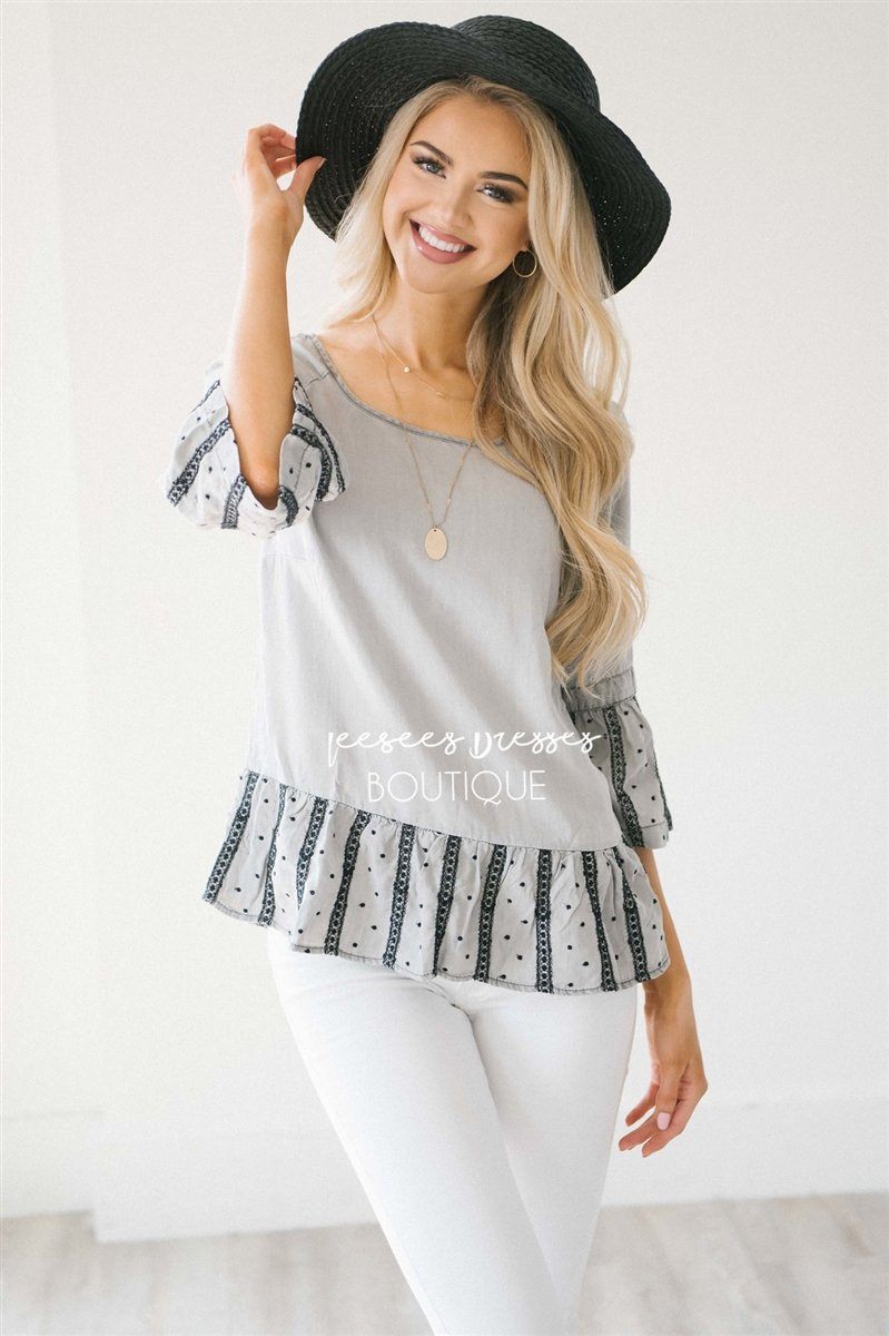 Chambray Embroidered Bell Sleeve Peplum Top