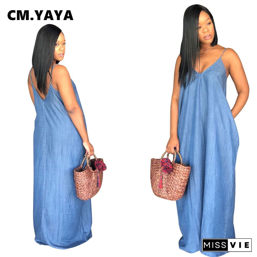 CMYAYA Women Summer S-3XL Denim Sexy Maxi Dress Party Club Outside Loose Long Strap Sleeveless Dresses Outfits