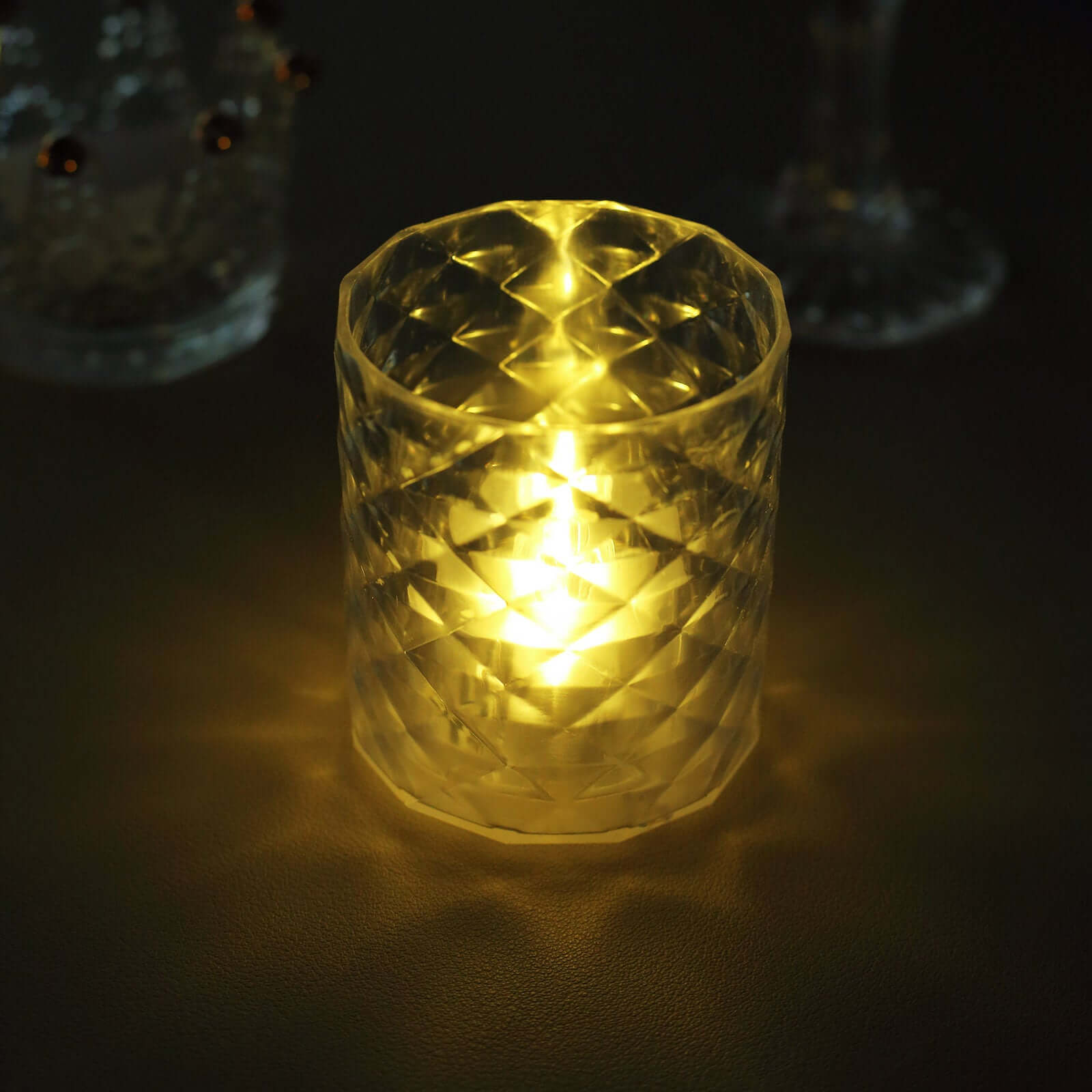 12 Pack Clear Acrylic Diamond LED Tealight Candle Holder Sets, Warm White Battery Operated Whiskey Glass Votive Candle Lamps 3