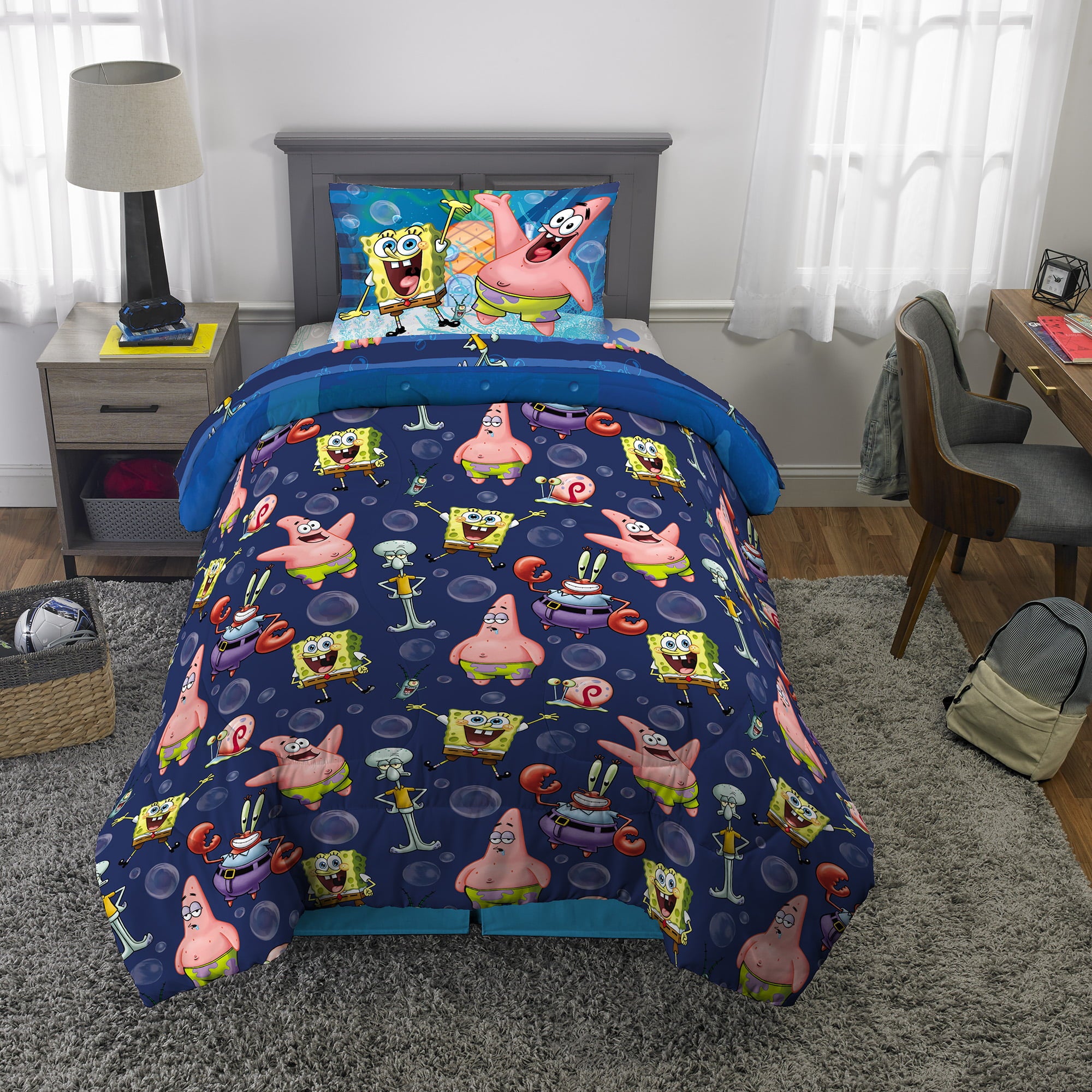 SpongeBob SquarePants Kids Comforter and Sham， 2-Piece Set， Twin/Full， Reversible， Blue