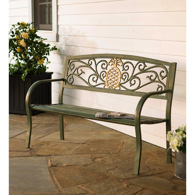 Evergreen Pineapple Metal Garden Bench Verdigris