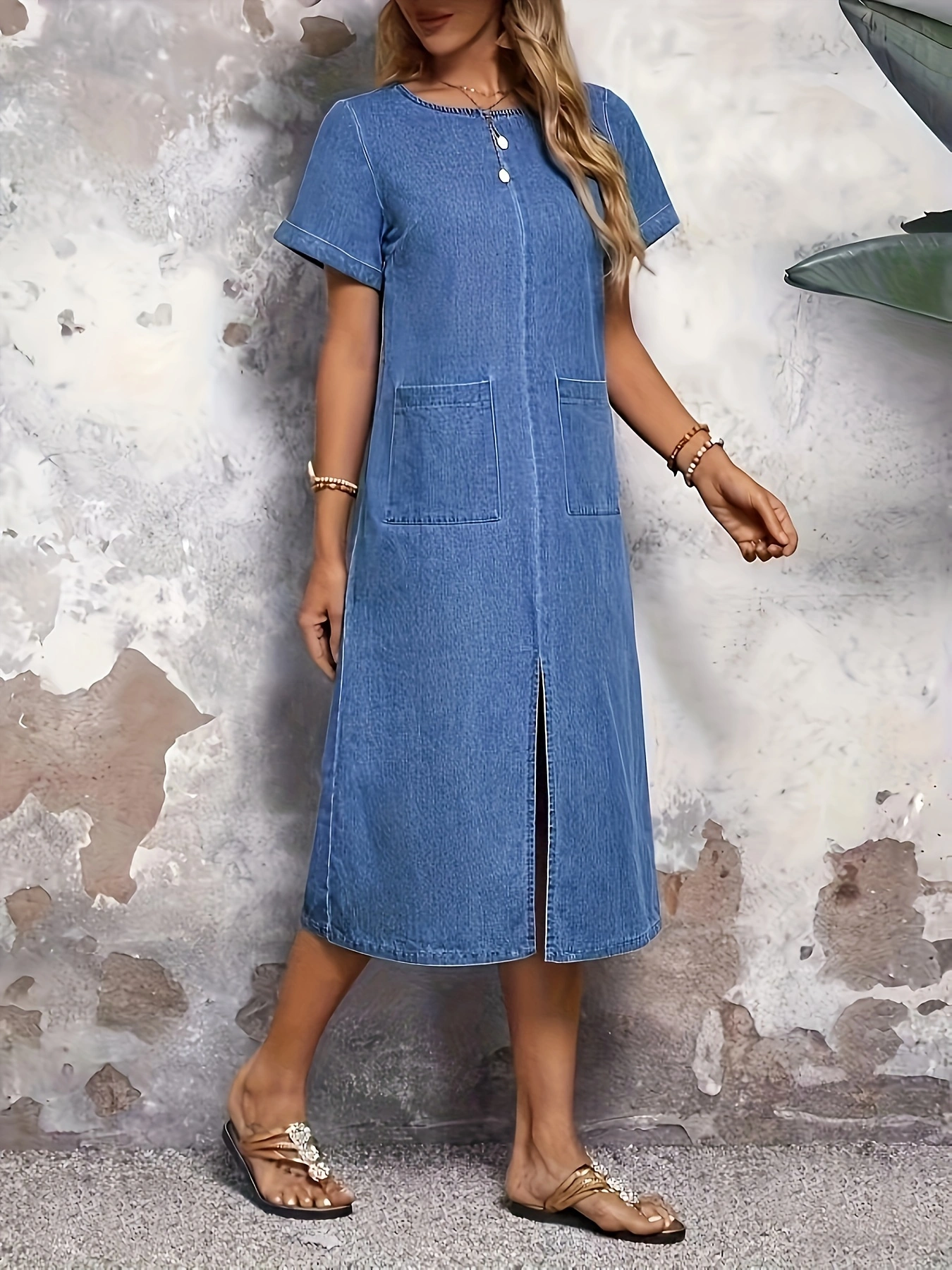 Plus Size Plain Washed Blue Short Sleeve Split Front Casual Denim Dress, Womens Denim Jeans & Clothing