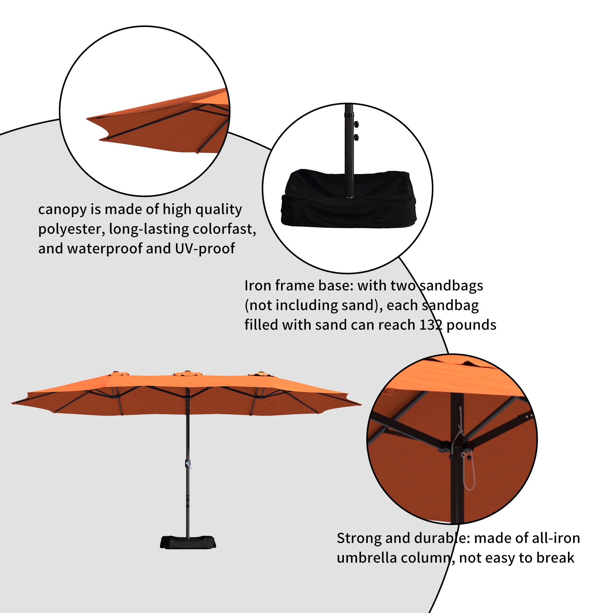 Boyel Living 15ft Double-Sided Patio Market Umbrella with iron Base Large Outdoor Table Umbrella(Orange)